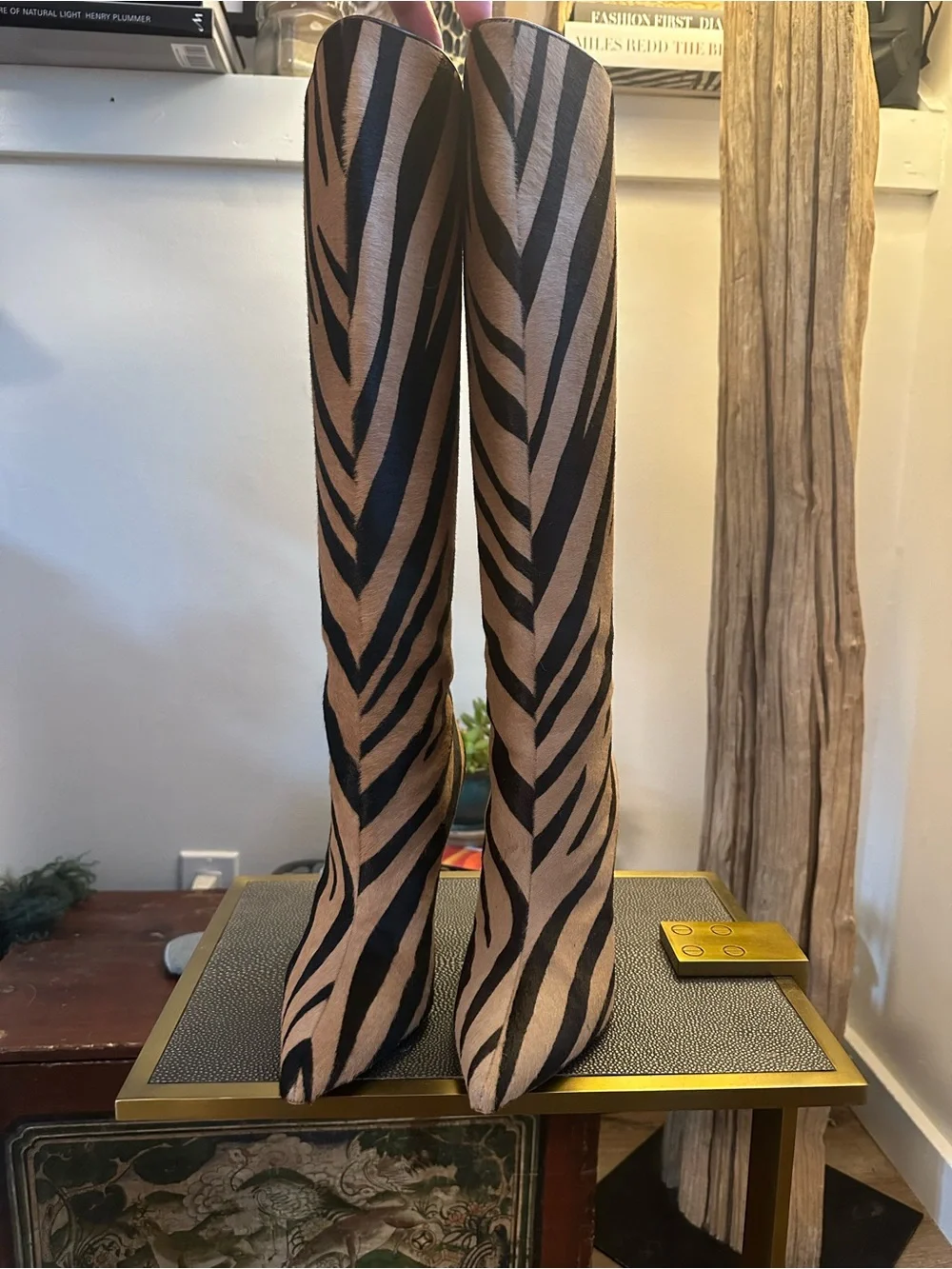 Manolo Blahnik Zebra-Print Over-the-Knee Boots in Black and Tan
